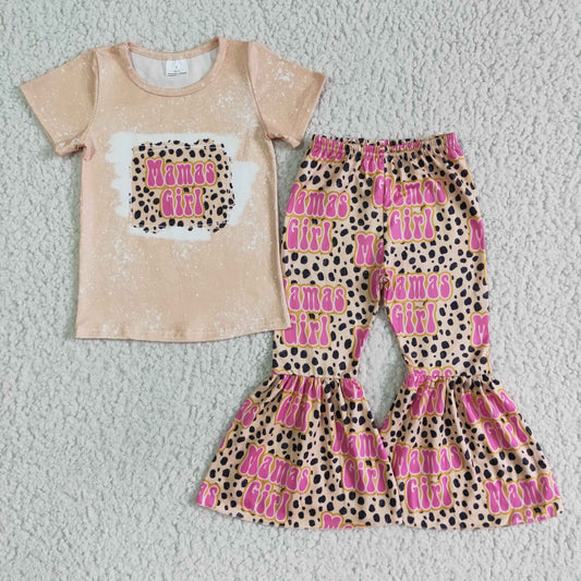 fashion girl leopard and letter design short sleeve top and flare pants 2pieces set