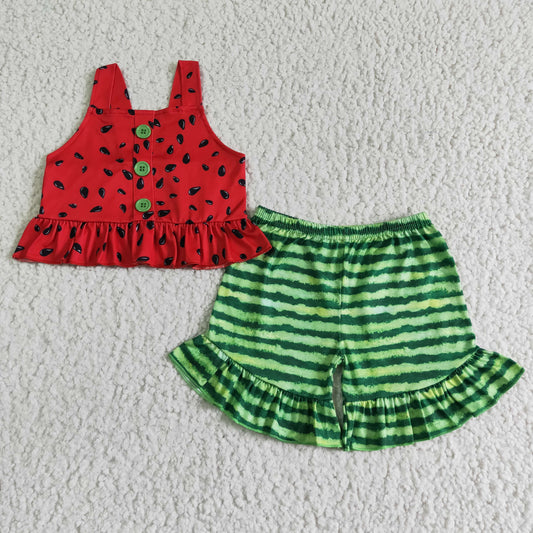 Girl Summer Sleeveless 2Pieces Set Kids Watermelon Print Top And Shorts Outfit With Buttons