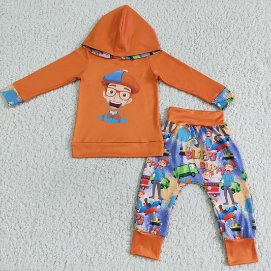 boy orange hoodie match long pants outfit for autumn winter