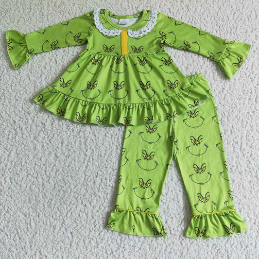 christmas girl green long sleeve outfit with lace