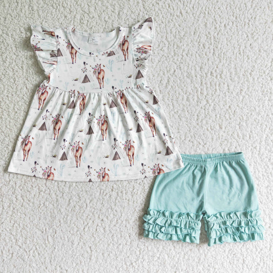 girl flowers horse and cactus pattern tunic and mint green cotton icing ruffles shorts set