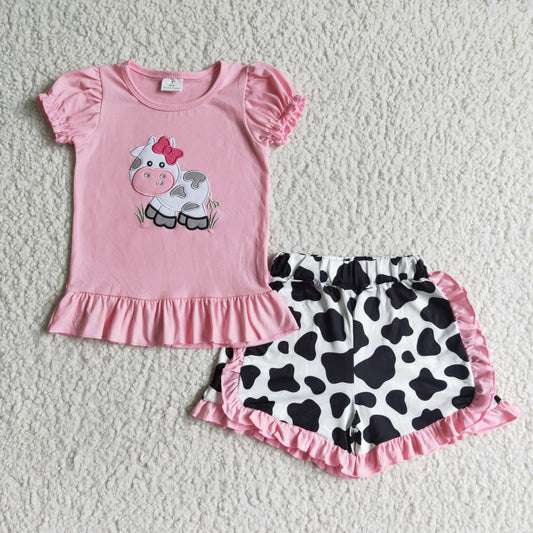baby girls pink puff sleeve cotton top match milk cow print shorts set