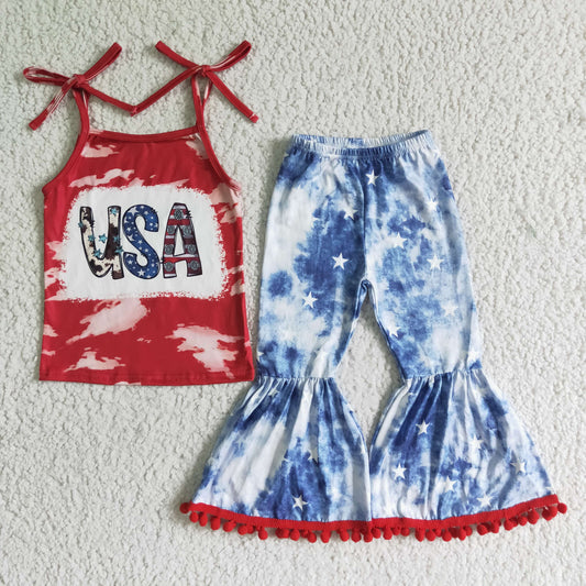 girl USA print halter top and star tie-dye bell bottoms outfit