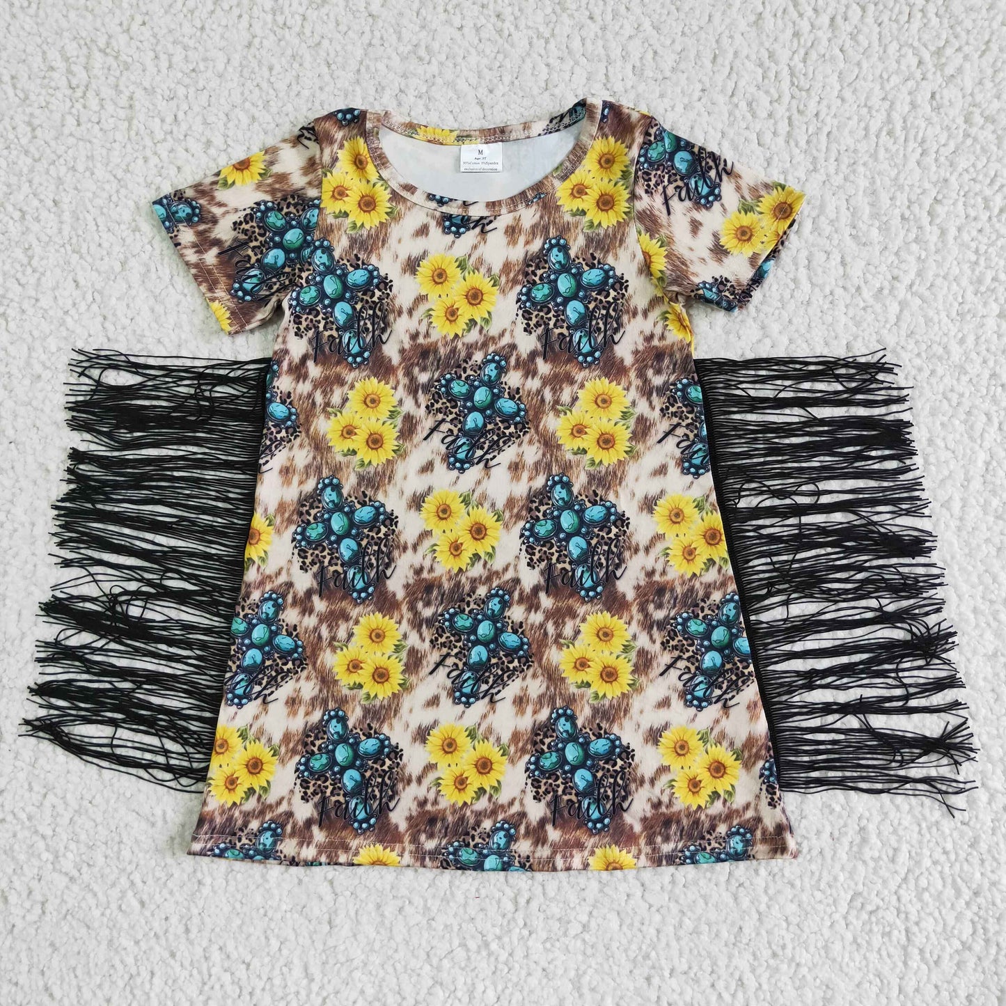 girl sunflowers short sleeve frock with black tassel