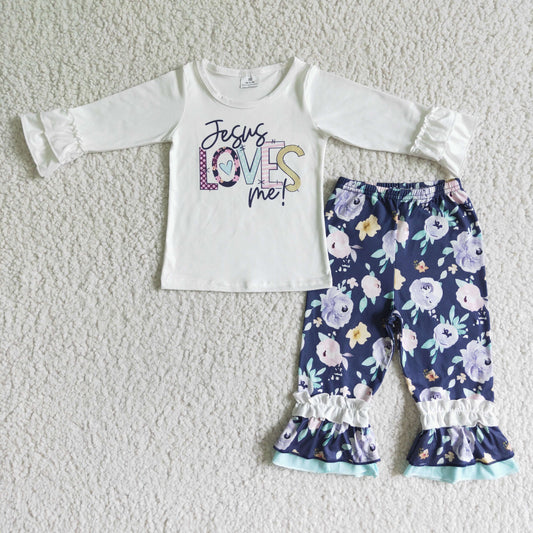 kid long sleeve white top girl purple flowers pants girl spring outfit