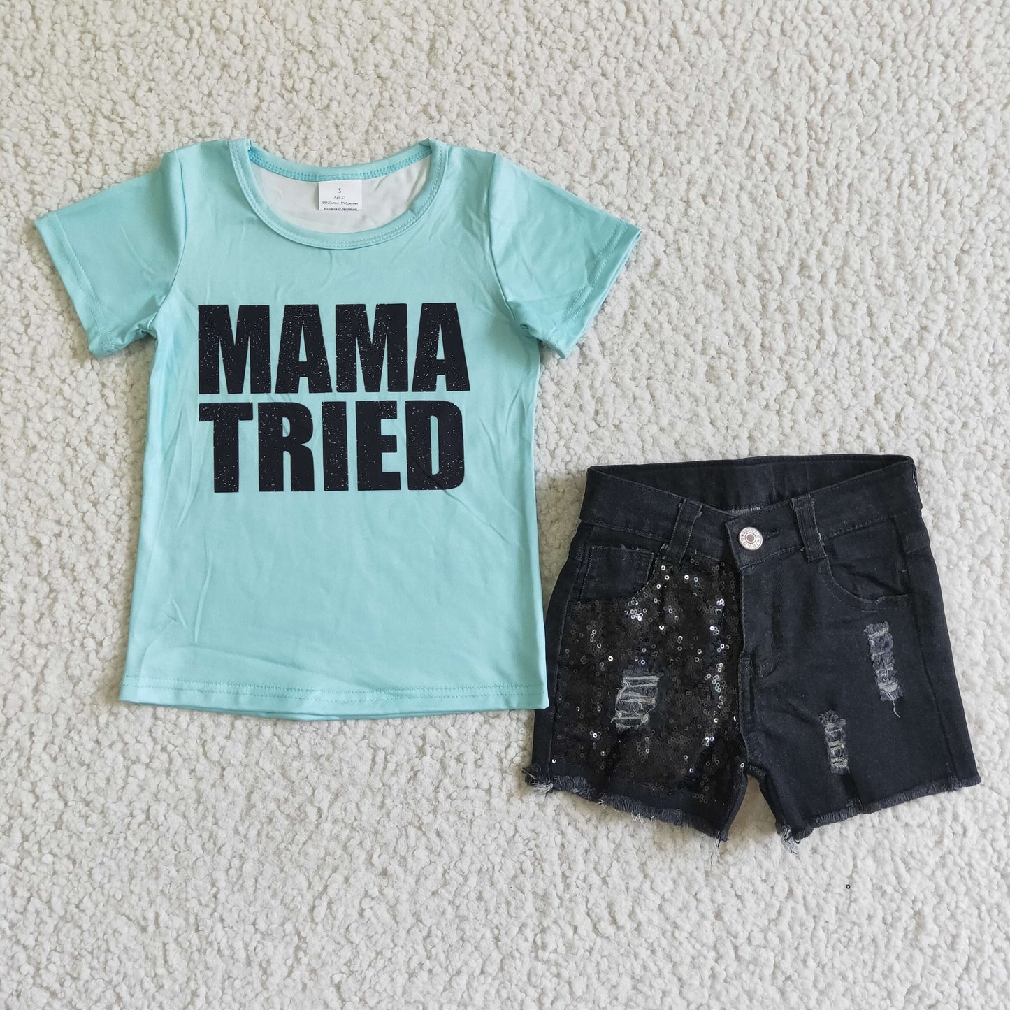 girl mama tried letter short sleeve blouse match black denim shorts