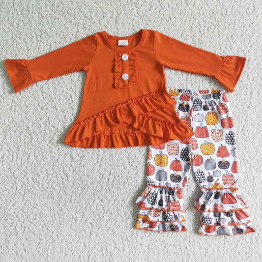 girl orange solid color cotton long sleeve top and pumpkin pattern pants 2pieces set for halloween