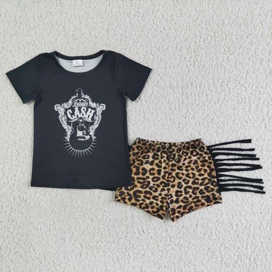 baby girls black short sleeve top match leopard pattern shorts with tassel