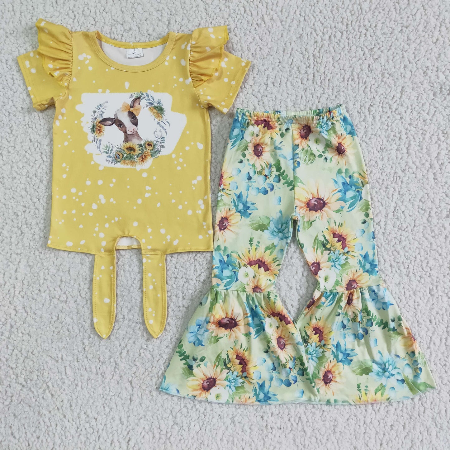 girl yellow short sleeve top with bow-knot match sunflowers flare pants kifs outfit