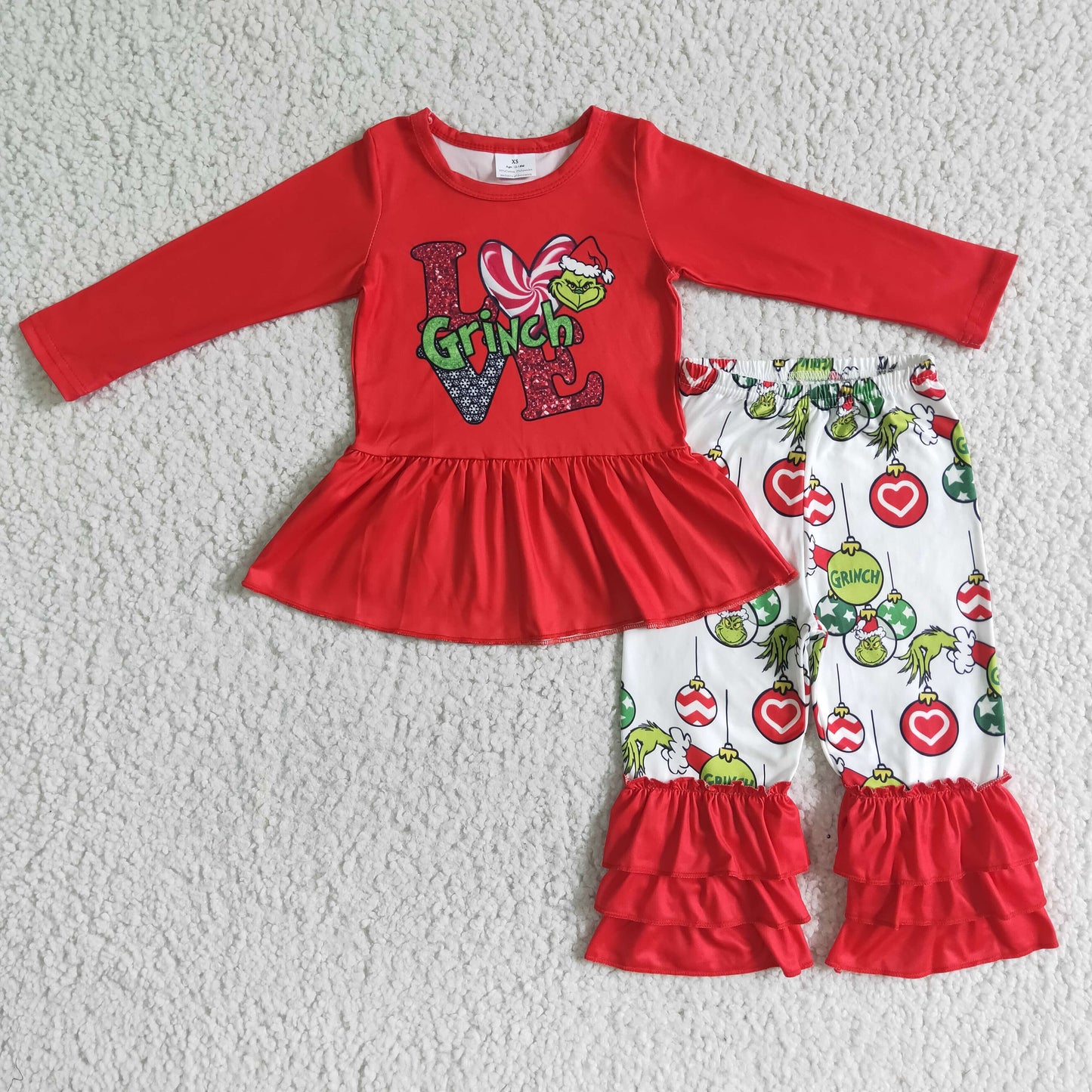 girl red long sleeve top and ruffles long pants outfit for christmas