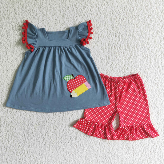 girl apple and pencil embroidery tunic top match polka dot shorts set back to school outfit