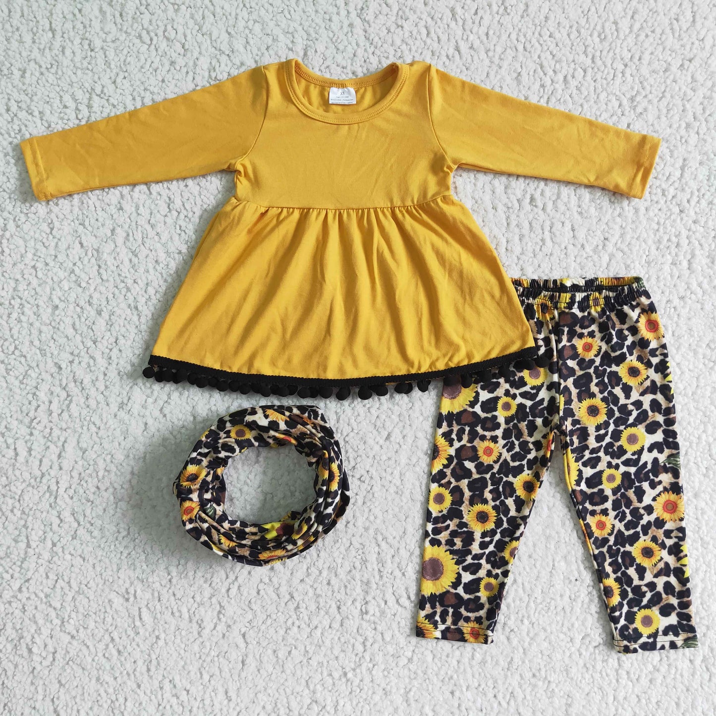 girl yellow cotton  long sleeve top and sunflowers pants match scarf