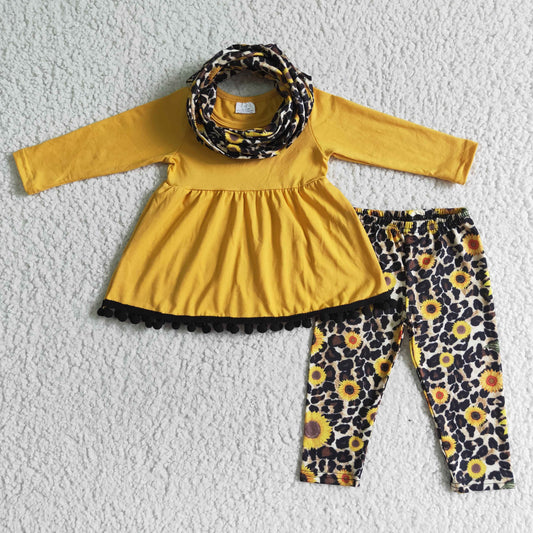 girl yellow cotton  long sleeve top and sunflowers pants match scarf