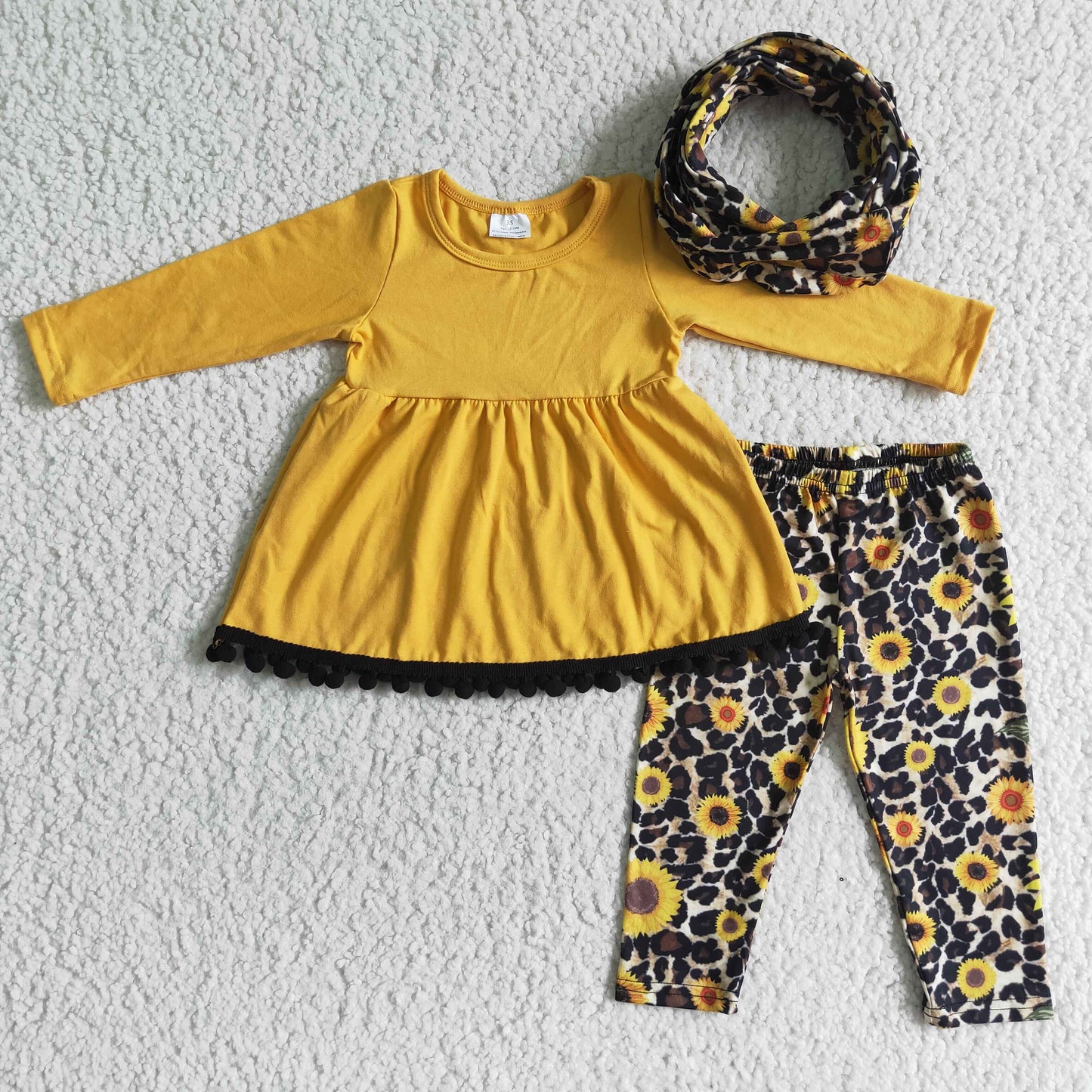 girl yellow cotton  long sleeve top and sunflowers pants match scarf