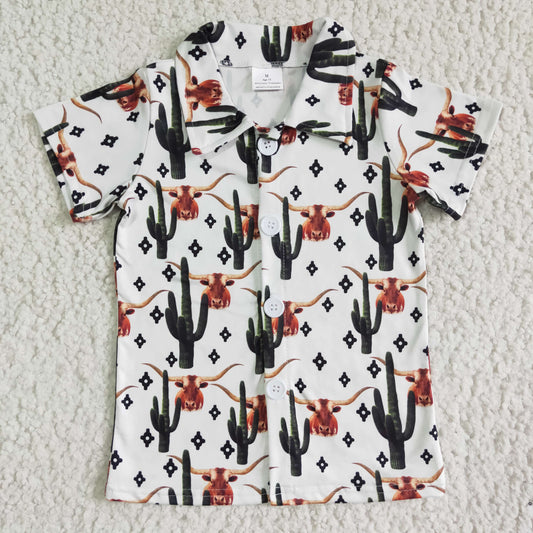 boy turn-down collar short sleeve t-shirt kids cactus pattern top