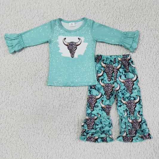 girl cow pattern long sleeve top and ruffles pants outfit