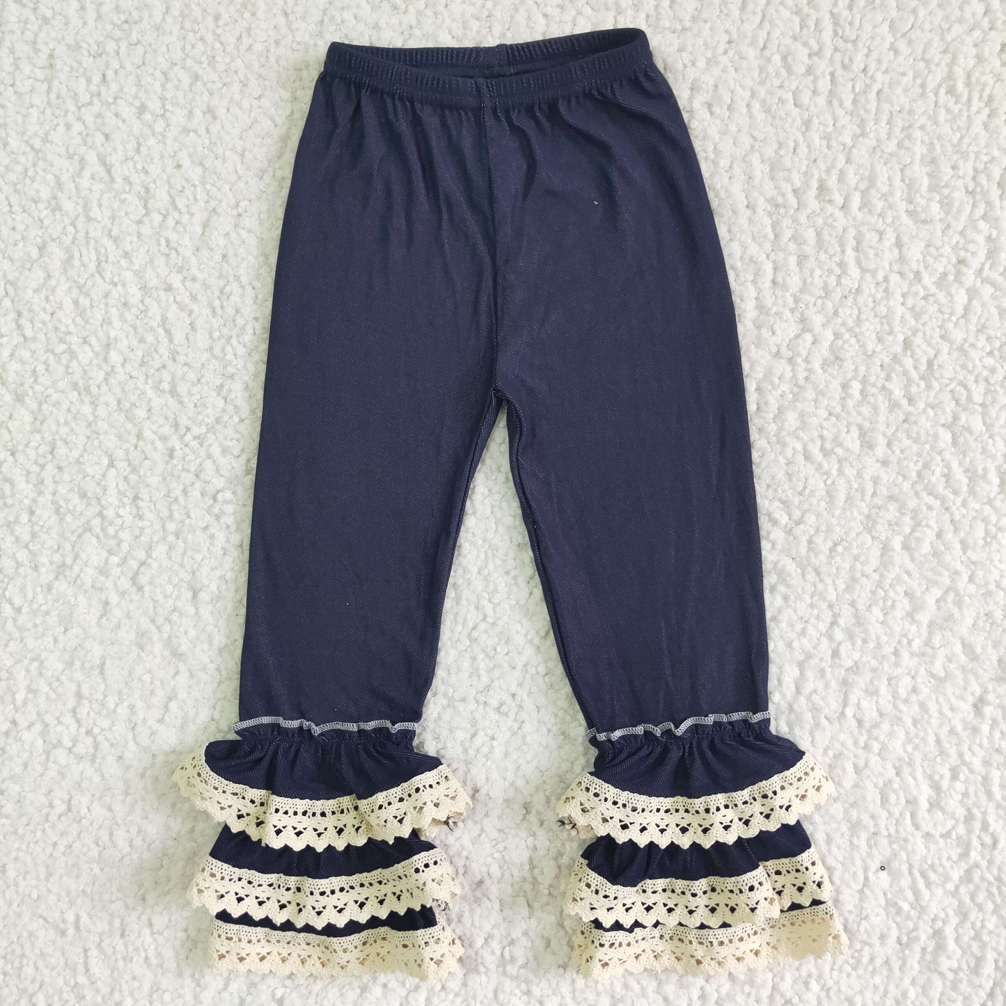 girl dark blue elastic waist ruffles pants fashion children soft denim pants with lace