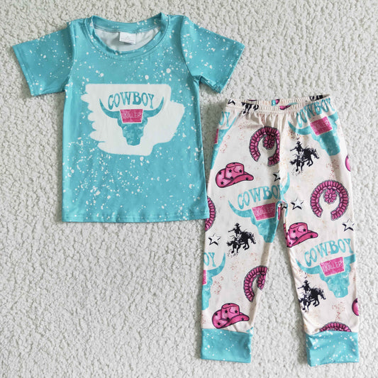 boy blue short sleeve shirt long pants outfit