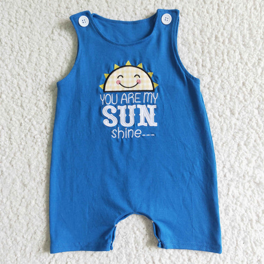 boy sun pattern embroidery blue cotton romper