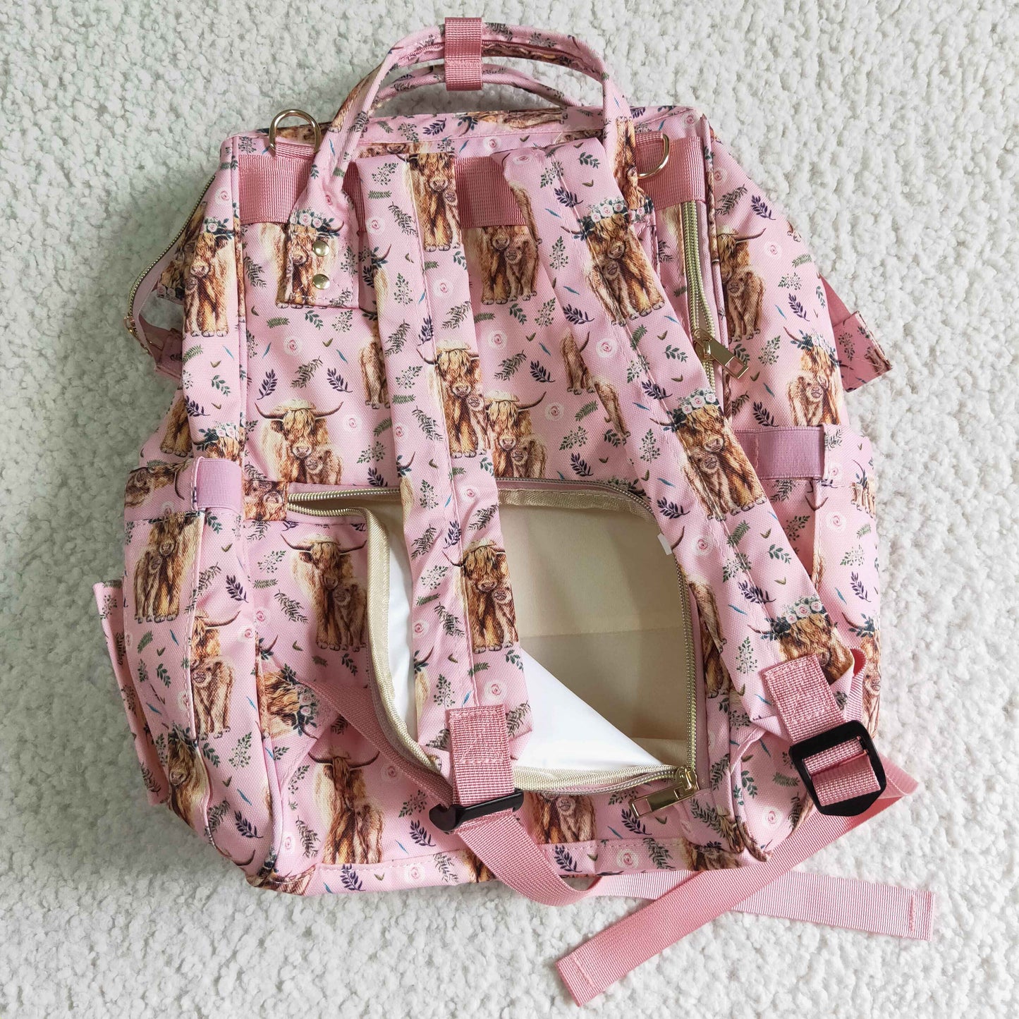 children pink highland cow pattern backpack