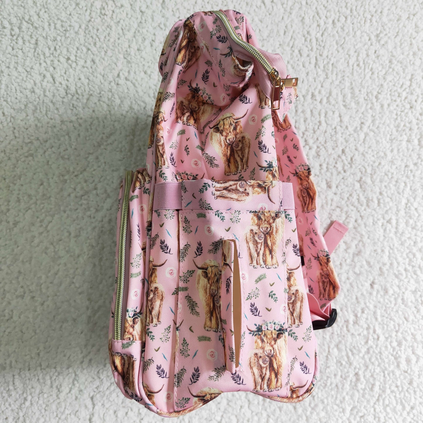 children pink highland cow pattern backpack