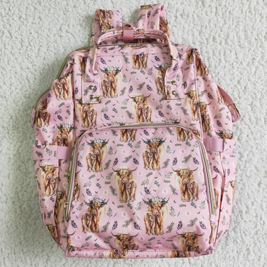 children pink highland cow pattern backpack