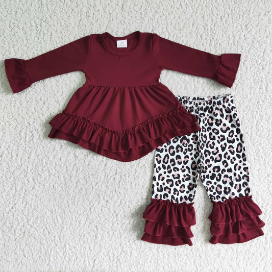 girl dark red cotton ruffle top match leopard pants outfit for winter