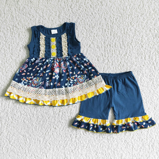 girl sleeveless floral tunic with lace match navy blue ruffle shorts set