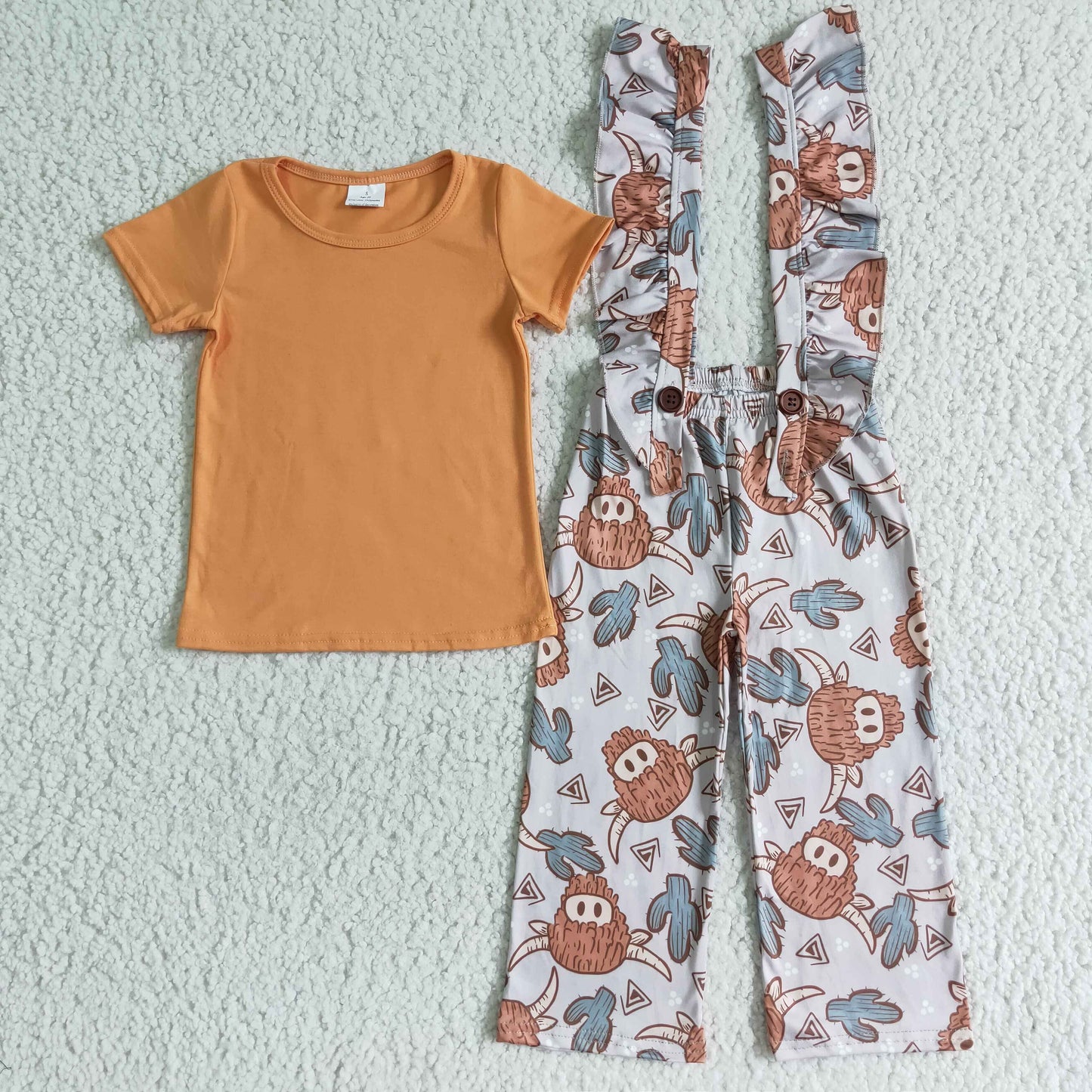 girl orange cotton short sleeve blouse and cactus overalls 2pieces set