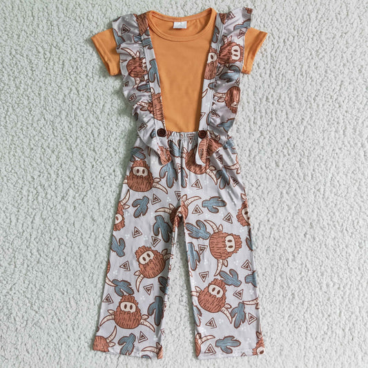 girl orange cotton short sleeve blouse and cactus overalls 2pieces set