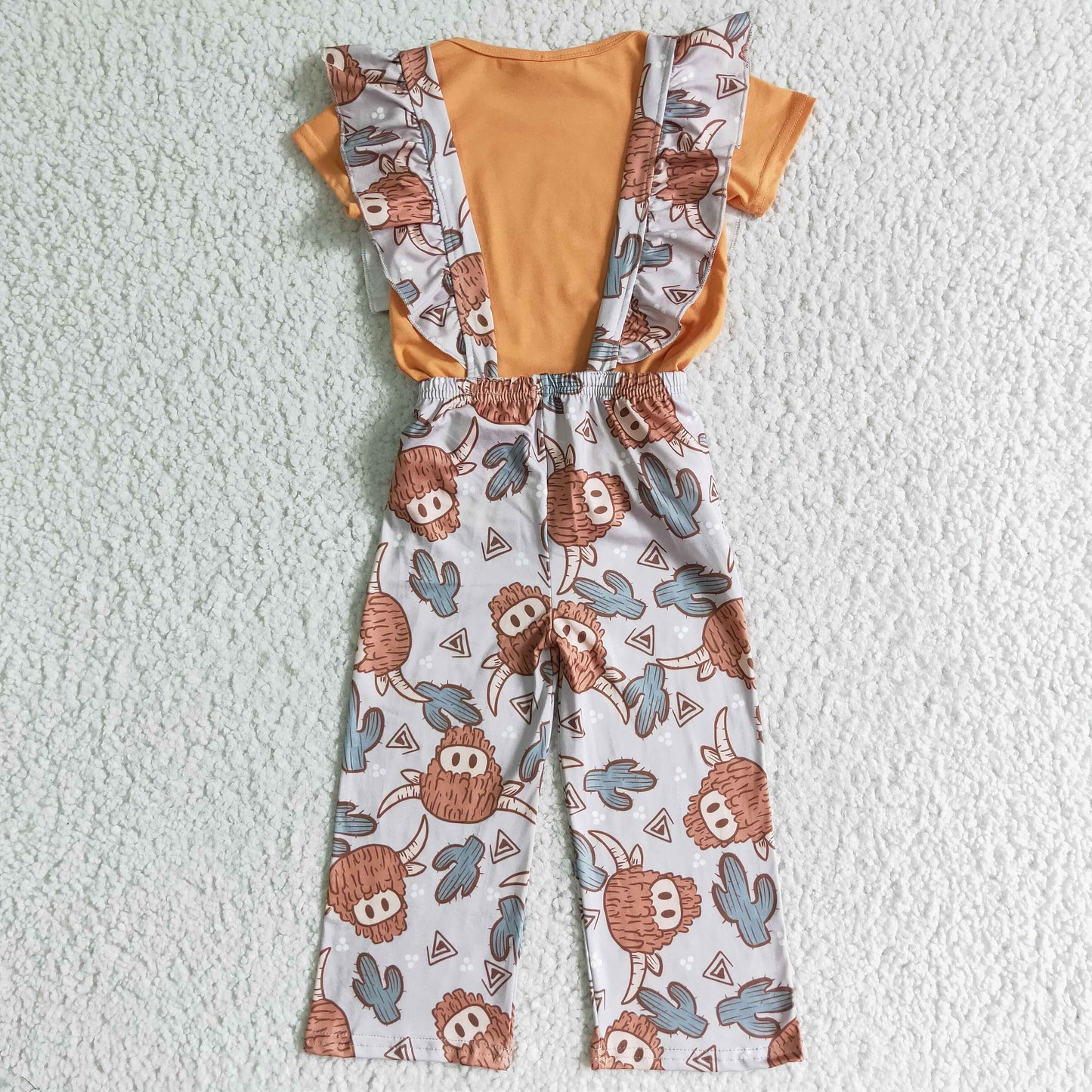 girl orange cotton short sleeve blouse and cactus overalls 2pieces set