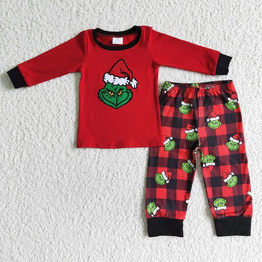 boy red cotton long sleeve top and plaid pants 2pieces set for christmas