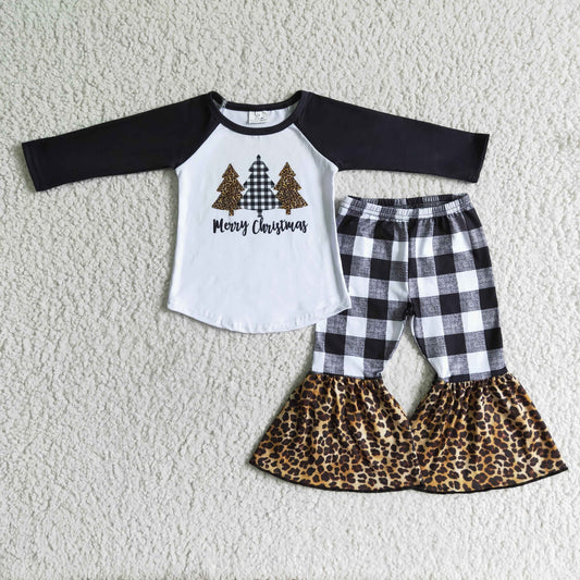 christmas trees raglan shirt and plaid and leopard stitching pants outfit for girls