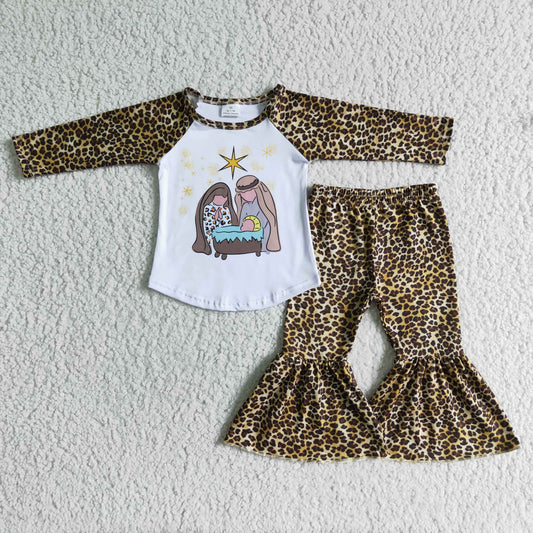 girl long sleeve raglan shirt and leopard pants 2pieces set