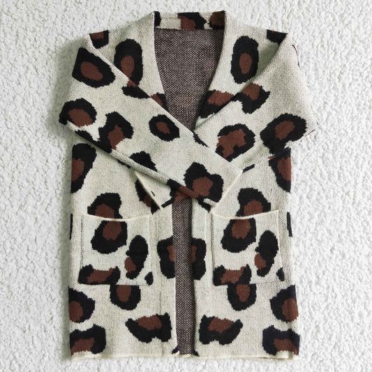 fashion girl leopard Cardigan children high quality sweater coat with pockets