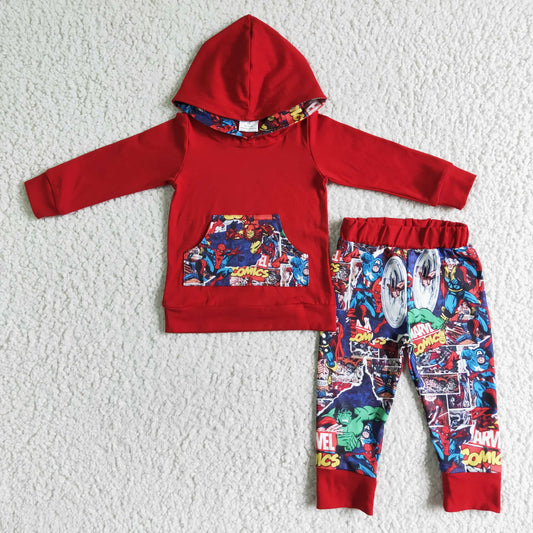 boy red hoodie with pocket and elastic waist long pants set