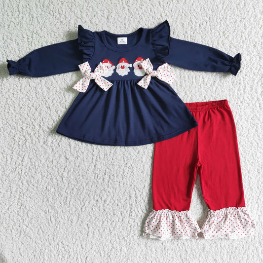 winter girl cotton navy blue long sleeve blouse with bow-knot and red dot pants set for christmas