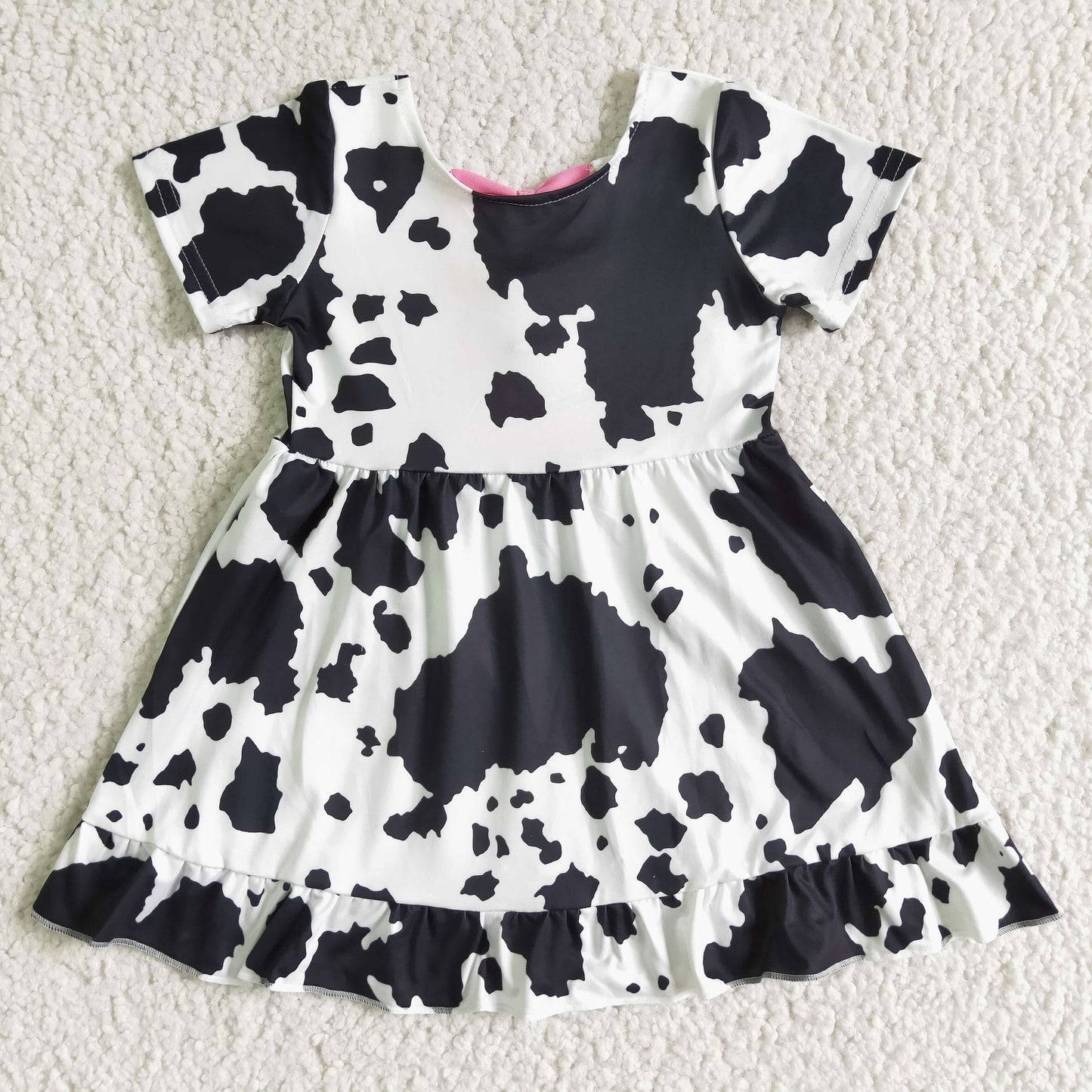 baby girls milk cow pattern print short sleeve frock with pink bow-knot