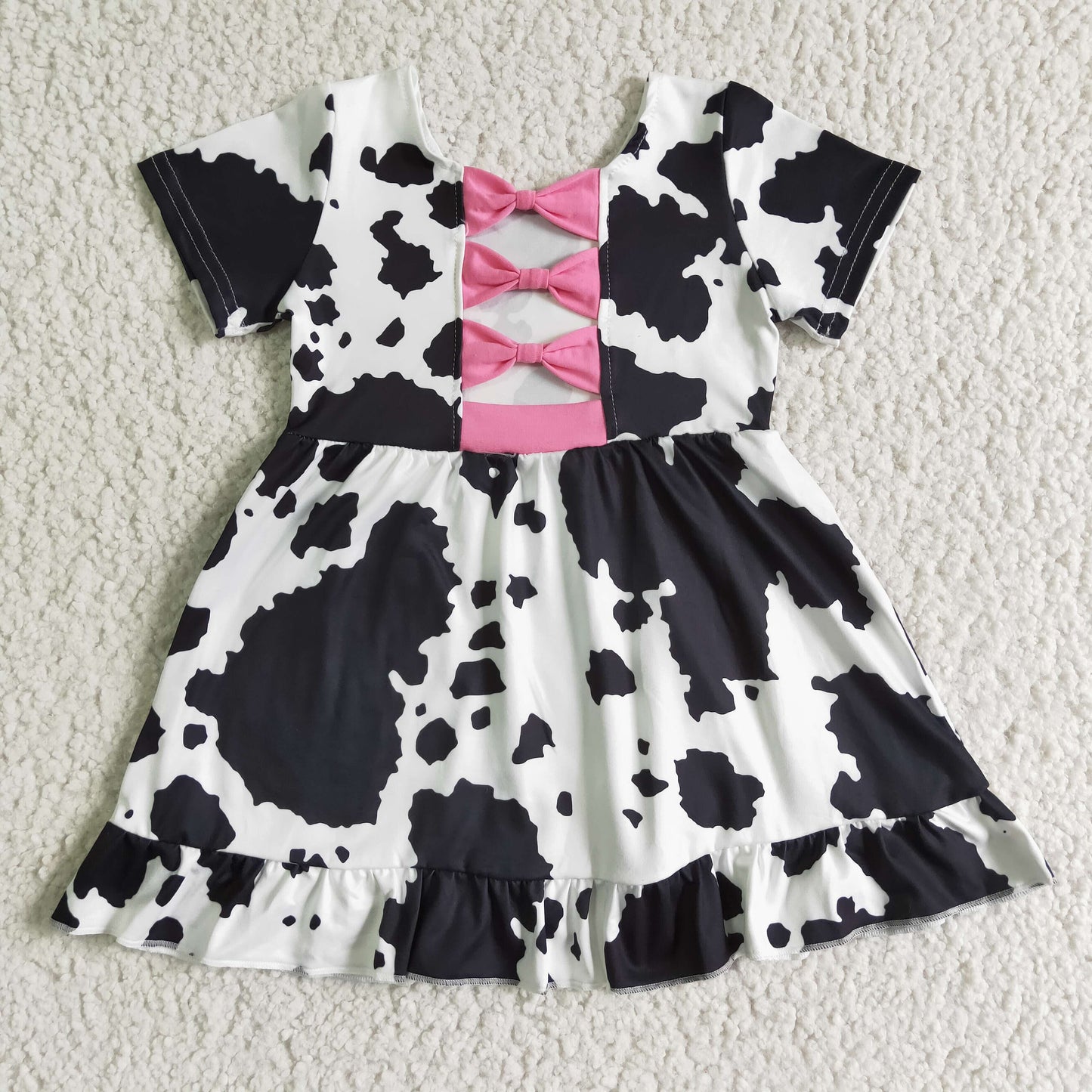 baby girls milk cow pattern print short sleeve frock with pink bow-knot