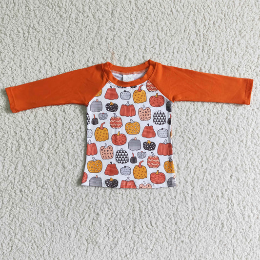 boy orange long sleeve raglan shirt  children pumpkin pattern top
