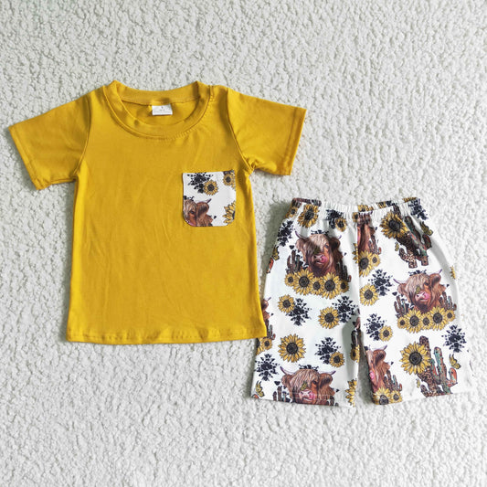 boy yellow cotton short sleeve shirt and highland cow sunflowers pattern shorts set