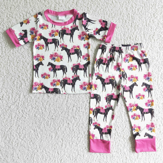 girl flowers and horse pattern summer outfit with pink collar