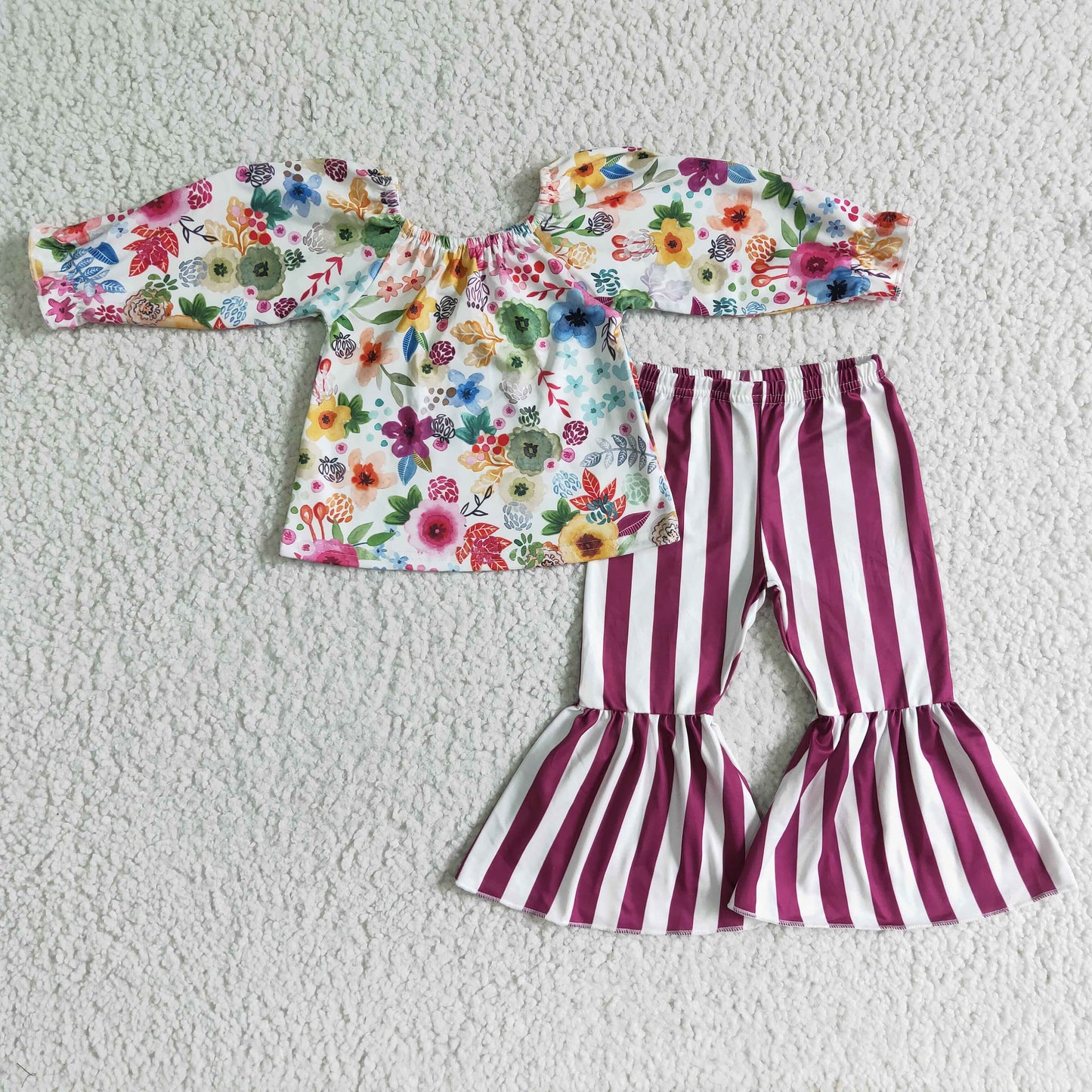 girl colorful flowers long sleeve top stripes flare pants 2pieces set