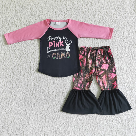 girl pink long sleeve raglan shirt and stitching bell bottoms outfit with letter design