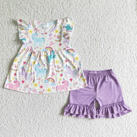girl rainbow flowers pattern short sleeve outfit with purple shorts