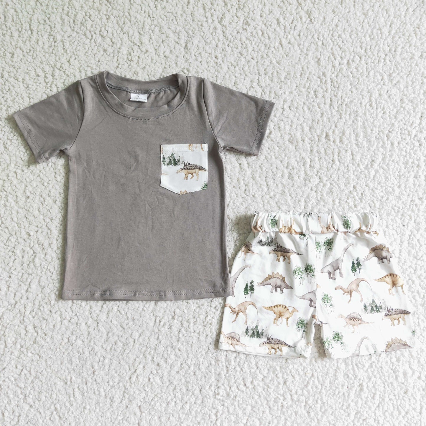 boy gray short sleeve shirt and dinosaur pattern shorts set for summer