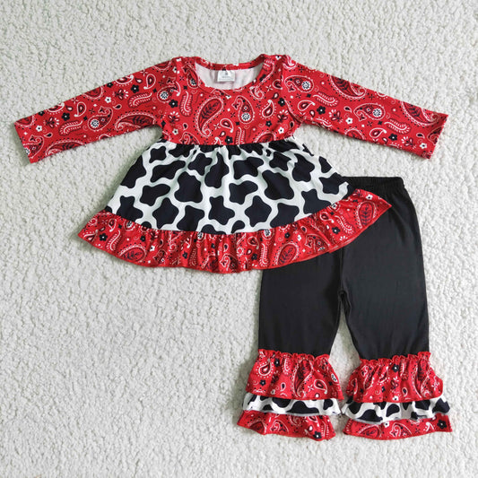 girl long sleeve top and stitching fabric pants with milk cow pattern