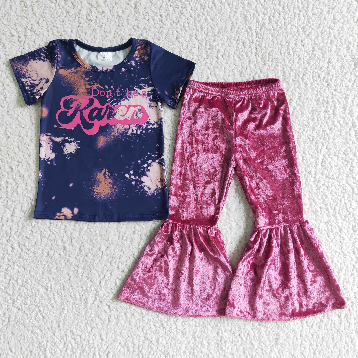 A4-22 girl short sleeve letter design shirt match velvet bell bottoms suit