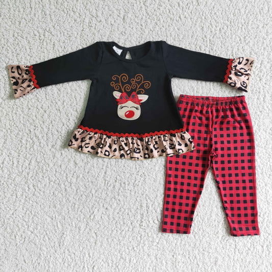 christmas girl black cotton long sleeve top match plaids pants