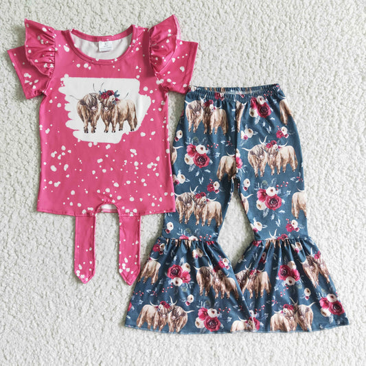 girl pink short sleeve top with highland cow print match flowers flare pants set